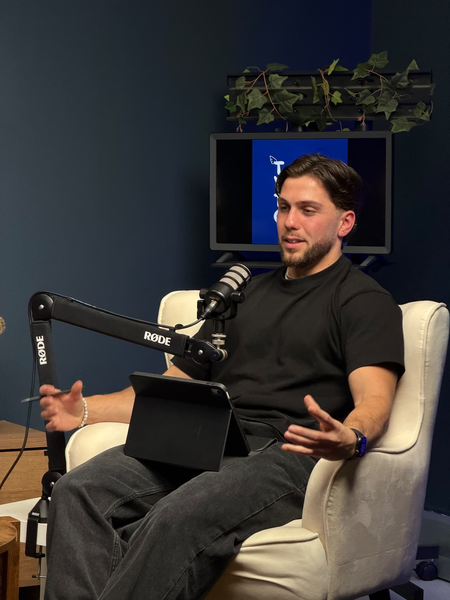 Luke Alfano recording a Too Young To Grieve podcast episode